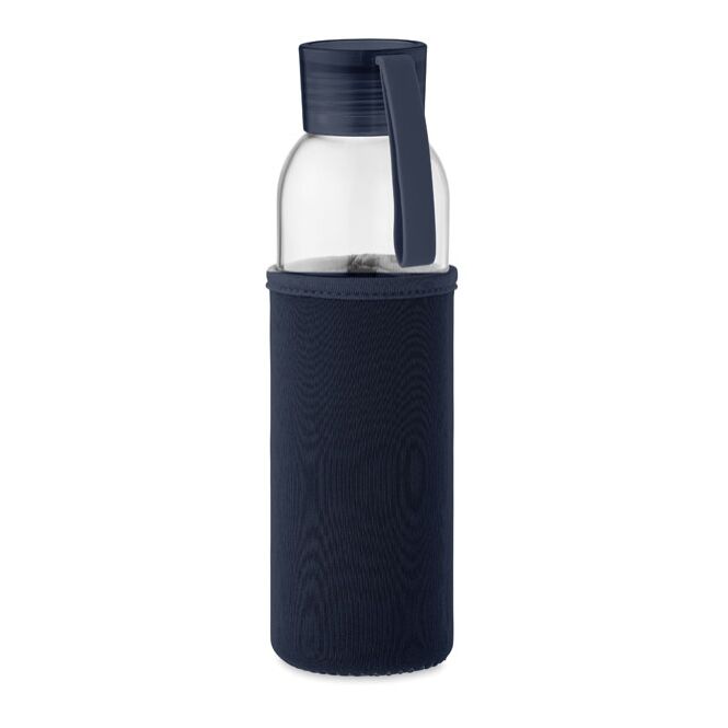 Kundengeschenk Trinkflasche recyceltes Glas 500 ml – marineblau – mit Logodruck 500ml Glas mit Neopren nachhaltiges Mehrwegflasche
