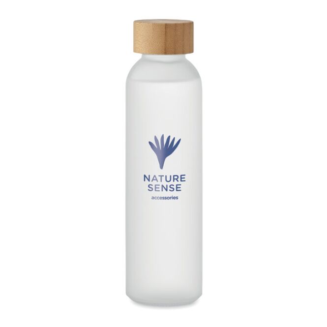 Firmengeschenk Glasflasche gefrostet – transparent weiss – mit Logodruck 500 ml nachhaltig auslaufsicher mit Bambusdeckel für Firmen