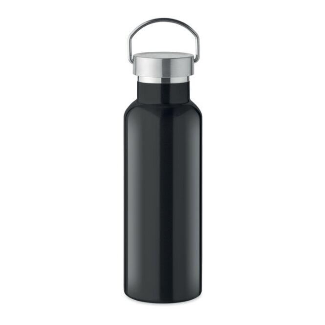 Firmengeschenk Trinkflasche 90% recycelter Edelstahl – schwarz – mit Logo bedruckt 500ml nachhaltige Mehrwegflasche für CSR-Promotions