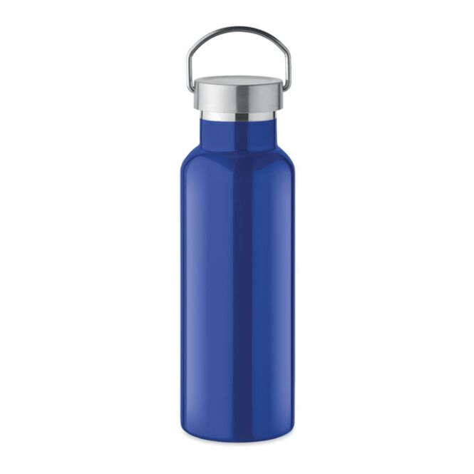 Kundengeschenk Trinkflasche 500ml Isolierflasche – blau – mit Logodruck 90% recycelter Edelstahl auslaufsicher nachhaltiges Mehrwegprodukt