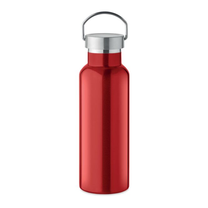 Firmengeschenk Trinkflasche 500ml – rot – mit Logo bedruckt, 90% recycelter Edelstahl, auslaufsicher, nachhaltige Mehrwegflasche für CSR