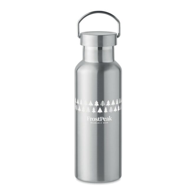 Kundengeschenk Trinkflasche 90% recycelter Edelstahl – mattsilber – mit Logodruck 500ml auslaufsicher, nachhaltige Mehrwegflasche