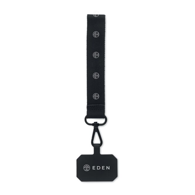 Werbeartikel Handyhalter Handgelenk – schwarz – mit Logo bedruckt 2,5 cm breit für den Büroalltag
