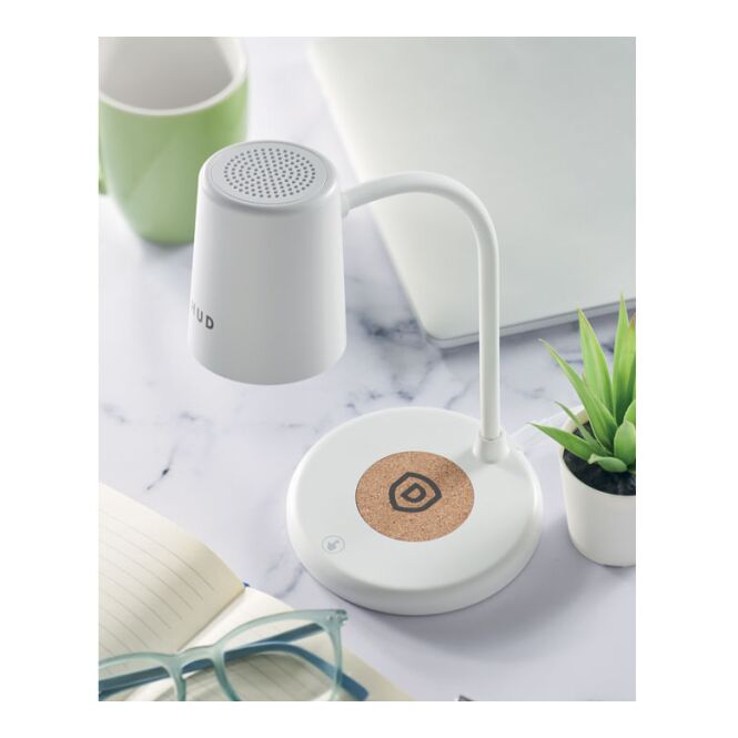 Werbeartikel Wireless Charger 3in1 Lampe – transparent – mit Logo bedruckt 15W Bluetooth Lautsprecher für den Büroalltag