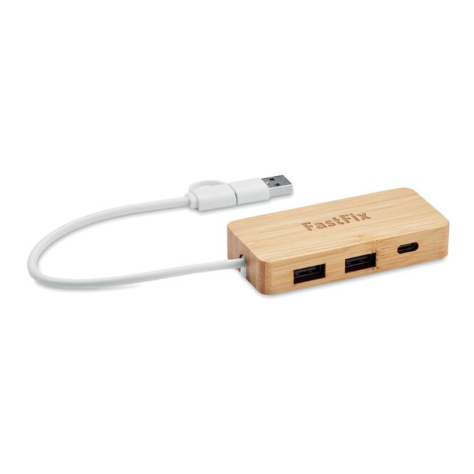 Kundengeschenk 3 Port USB-C/A-Hub Bambus – holzfarben – mit Gravur für das Homeoffice 2-in-1 Eingang 20 cm Kabellänge nachhaltig