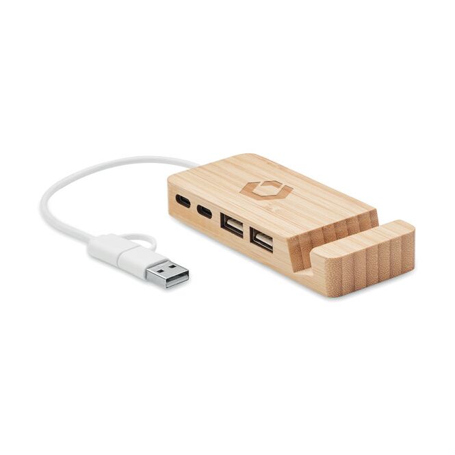 Werbeartikel 4 Port USB-C/A-Hub Bambus – holzfarben – mit Gravur nachhaltig für die Büroausstattung 2x Typ-A 2x Typ-C 20cm Kabel