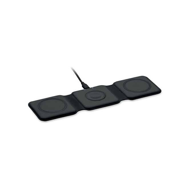 Firmengeschenk Wireless Charger 3in1 Ladestation – schwarz – mit Logo bedruckt 15W Qi-Standard für das Homeoffice
