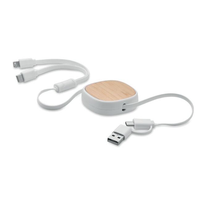 Streuartikel Einziehbares USB-Ladekabel Bambus – weiss – mit Logo bedruckt 90 cm 2in1 Typ-C Typ-A für den Büroalltag