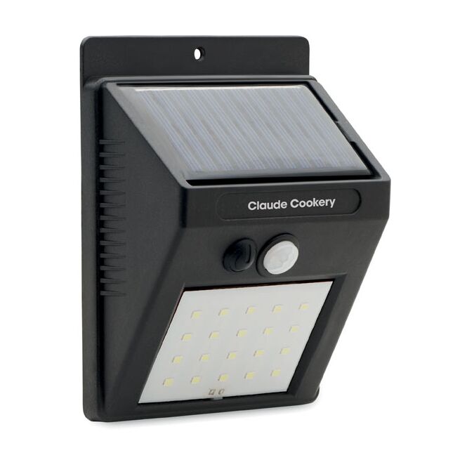 Premium-Werbeartikel Solar-LED-Bewegungslicht – schwarz – mit Logo bedruckt 800 mAh 20 LEDs IP44 Nachtsensor für das Homeoffice