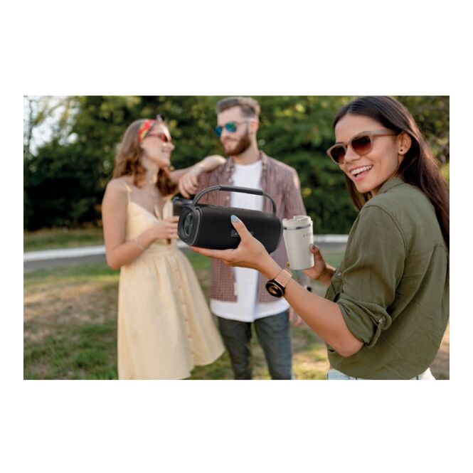 Premium-Werbeartikel Bluetooth Lautsprecher – schwarz – mit Logo bedruckt 2x10W, 2400 mAh-Akku, LED-Licht für das Homeoffice