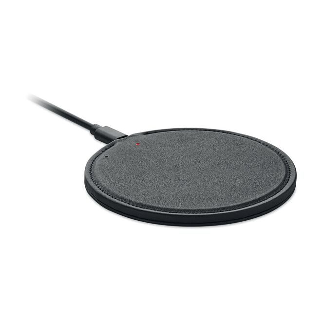 Premium-Werbeartikel Wireless Charger aus recyceltem PU – schwarz – mit Logo bedruckt 15W Qi-Standard für das Homeoffice