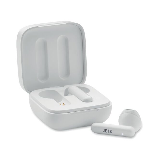 Premium-Werbeartikel TWS Ohrhörer Set Solar – weiss – mit Logo bedruckt 5.3 True Wireless Stereo Mikrofon 4h Spielzeit für das Homeoffice