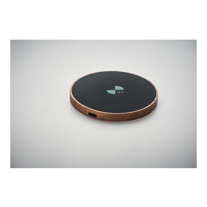 Kundengeschenk Wireless Charger Akazienholz – schwarz – mit Logo bedruckt 15W Qi-Standard nachhaltig für das Homeoffice