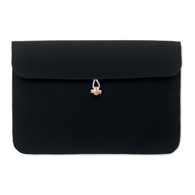 Kundengeschenk Laptoptasche Baumwolle – schwarz – mit Logo bedruckt für 15 Zoll Notebooks, nachhaltiger Bambus-Knebelverschluss für das Homeoffice
