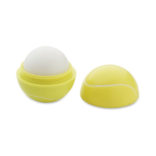 Werbeartikel Lippenpflege Tennisball – gelb – mit Logo bedruckt, SPF10 Vanille, schützende Lippenpflege für Marketing-Aktionen