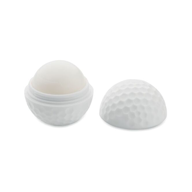 Werbeartikel Lippenpflege Golfball – weiss – mit Logo bedruckt, SPF10, Vanille, schützende Lippenpflege für Kälteschutz