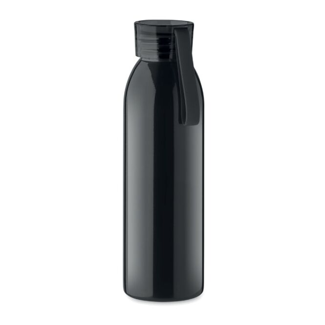 Firmengeschenk Edelstahlflasche 650ml – schwarz – mit Logodruck 650 ml einwandig mit Silikonaufhänger für das Mitarbeiter-Onboarding
