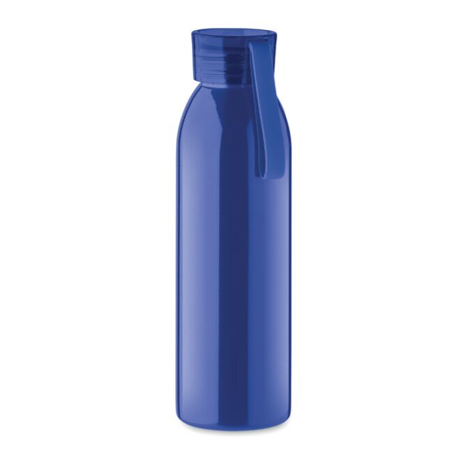 Werbeartikel Edelstahlflasche – blau – mit Logodruck 650ml einwandig mit Silikonaufhänger als Werbemittel für Messen und Events