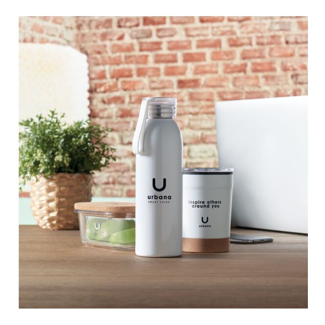 Firmengeschenk Edelstahlflasche 650ml – weiss – mit Logodruck 650 ml einwandig aus Edelstahl mit Silikonaufhänger für Messen & Events
