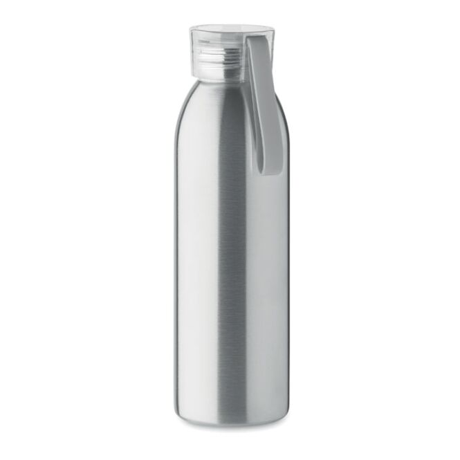 Kundengeschenk Edelstahlflasche 650ml – transparent grau – mit Logodruck 650 ml Edelstahl mit Silikonaufhänger für Messen und Events