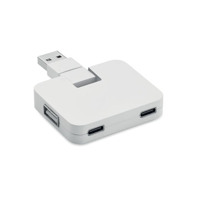 Werbegeschenk 4 Port USB-Hub Typ-C & Typ-A – weiss – mit Logo bedruckt für die Büroausstattung und das Homeoffice