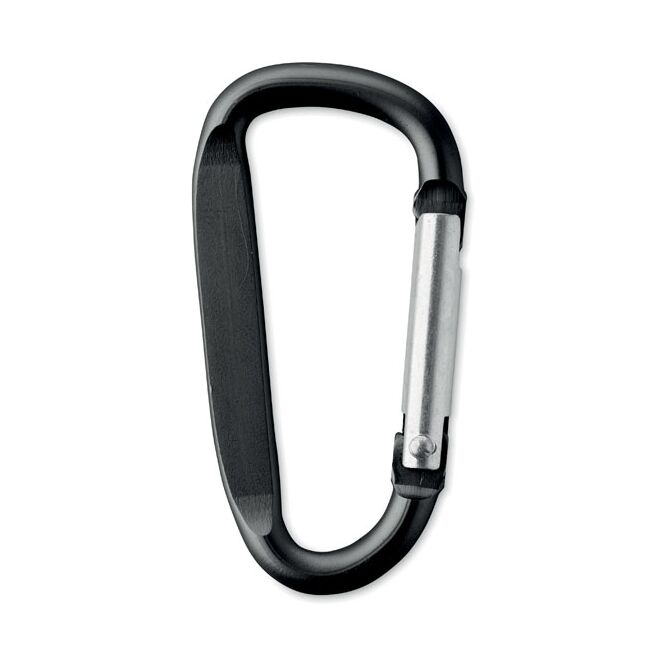 Firmengeschenk Karabinerhaken Aluminium – schwarz – mit Logo bedruckt als praktisches Messe-Giveaway für Taschen und Schlüssel