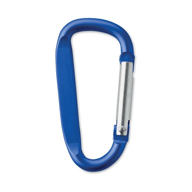 Werbeartikel Karabinerhaken aus Aluminium – blau – mit Logo bedruckt als praktisches Messe-Giveaway für Taschen und Schlüssel