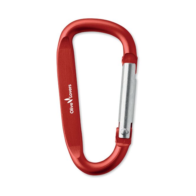 Werbeartikel Karabinerhaken Aluminium – rot – mit Logo bedruckt für Messen und Events