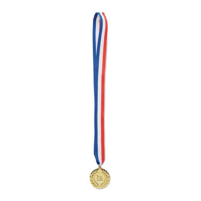 Firmengeschenk Medaille 5cm – gold – mit Logodruck – Eisen mit Polyesterband, idealer Event-Artikel für Messen & Firmenfeiern