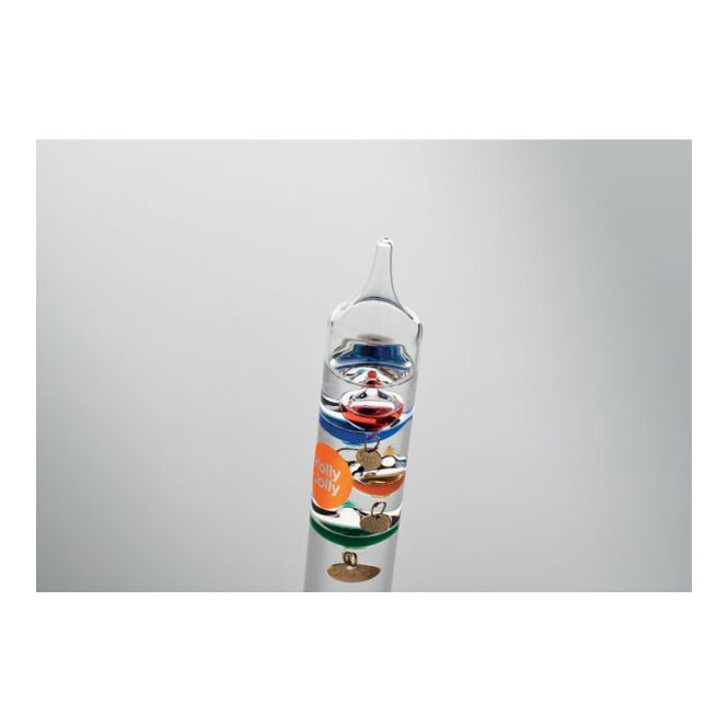 Messe-Werbemittel Galileo Thermometer 28cm – weiss – mit Logo bedruckt, Glas mit 5 Farbkugeln zur präzisen Temperaturmessung