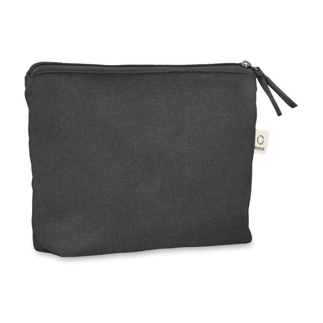 Mitarbeitergeschenk Kosmetiktasche 320g/m² – schwarz – mit Logo bedruckt 70% recycelte Baumwolle 30% RPET nachhaltige Tasche für CSR