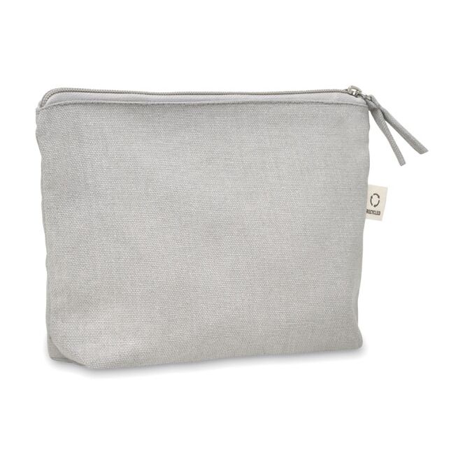 Firmengeschenk Kosmetiktasche 320g/m² – grau – mit Logodruck 70% recycelte Baumwolle 30% rPET nachhaltiges Accessoire für CSR-Promotions