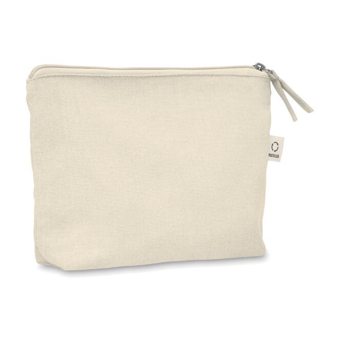Mitarbeitergeschenk Kosmetiktasche 320g/m² – beige – mit Logodruck aus 70% recycelter Baumwolle & 30% rPET, nachhaltiges Accessoire
