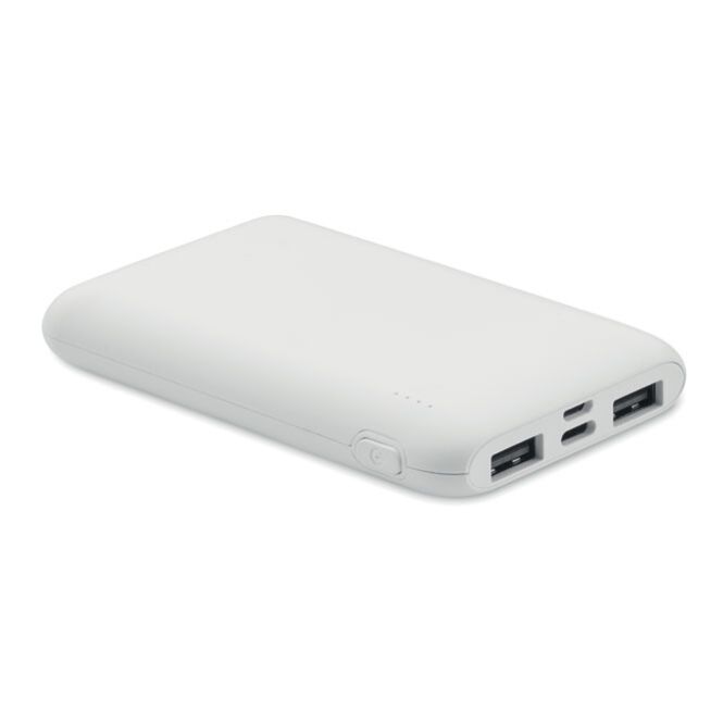 Firmengeschenk Powerbank 5000 mAh – weiss – mit Logo bedruckt, nachhaltig, aus recyceltem ABS, ideal für das Homeoffice