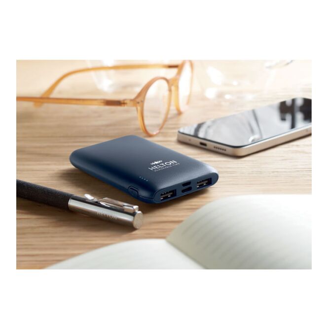 Technik-Werbemittel Powerbank 5000 mAh – marineblau – mit Logo bedruckt nachhaltig für den Büroalltag