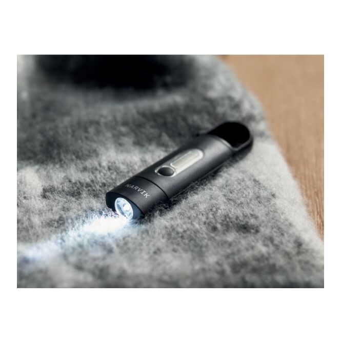 Werbeartikel COB-Taschenlampe – schwarz – mit Werbedruck, wiederaufladbar, 3 Lichtmodi, inkl. Akku als helle Handleuchte