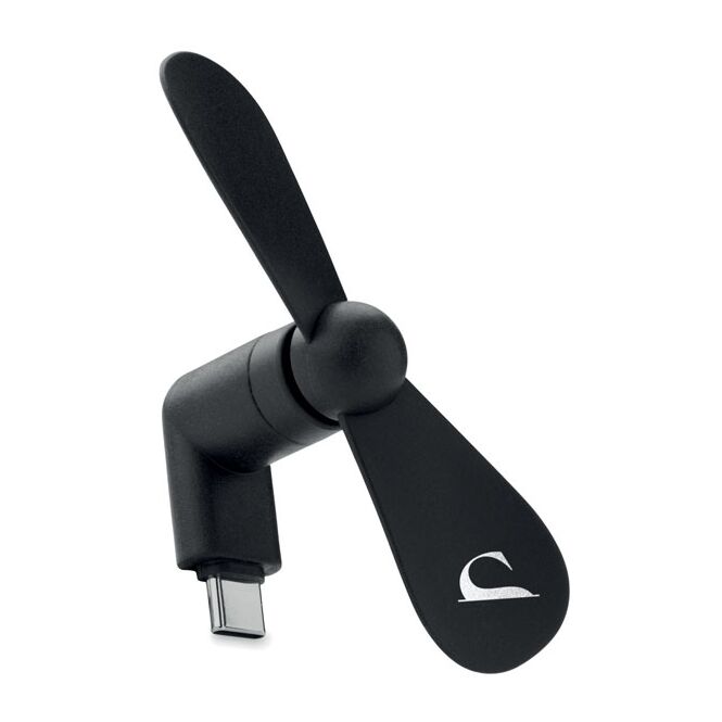 Werbeartikel Smartphone-Ventilator – schwarz – mit Logo bedruckt – aus TPE, USB Typ-C – kompakter Taschenventilator für Messen