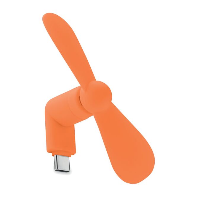 Werbeartikel Smartphone-Ventilator – orange – mit Logo bedruckt, USB Typ-C, TPE, kompakter Taschenlüfter für Messen & Events