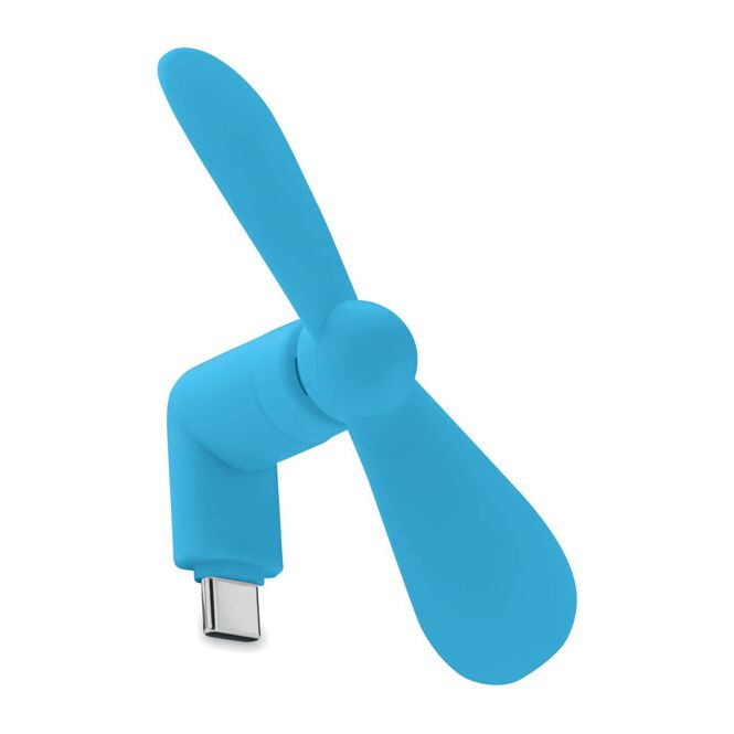 Werbeartikel Smartphone-Ventilator – türkis – mit Logo bedruckt, USB Typ-C, TPE-Gehäuse, kompakter Mini-Lüfter für Messen & Events