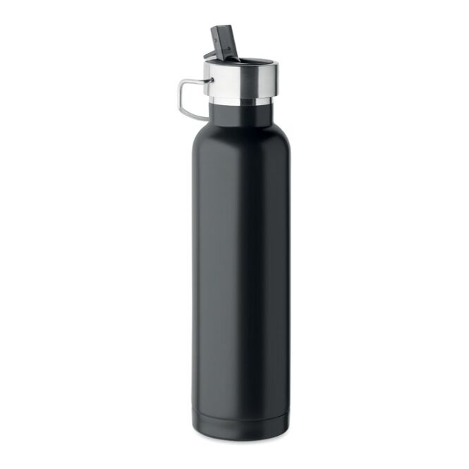 Mitarbeitergeschenk Trinkflasche 660ml – schwarz – mit Logo bedruckt, 90% recycelter Edelstahl, auslaufsicher, nachhaltige Mehrwegflasche