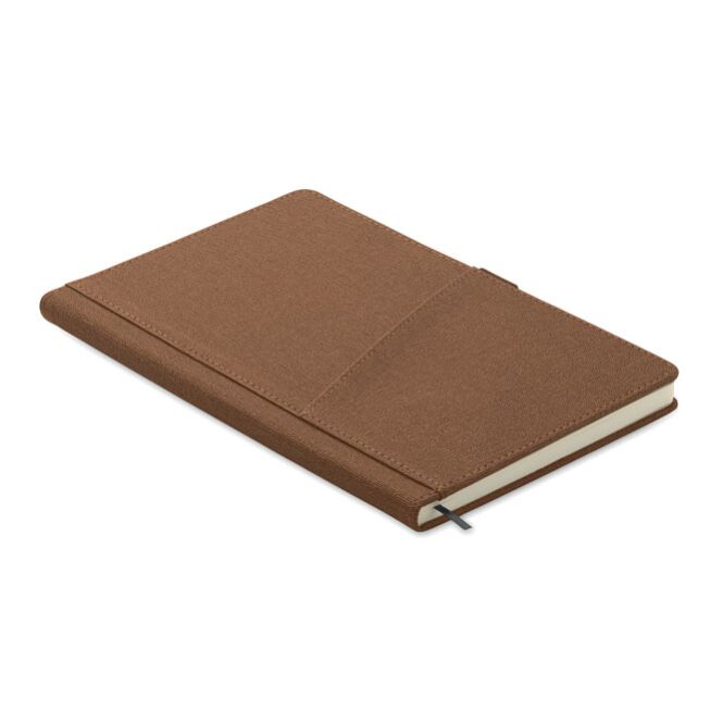 Mitarbeitergeschenk Notizbuch DIN A5 – braun – mit individuellem Werbedruck, 160 Seiten Recyclingpapier, Handyfach, nachhaltiges Journal