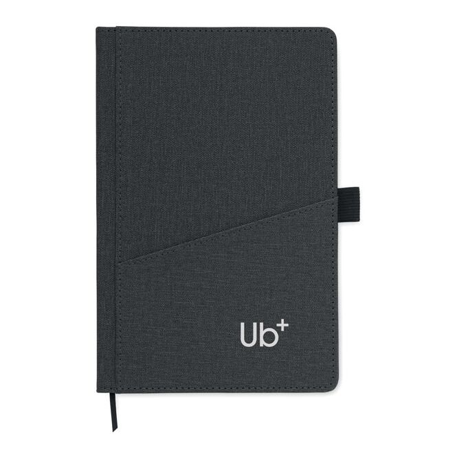 Mitarbeitergeschenk Notizbuch DIN A5 – schwarz – mit individuellem Werbedruck 160 S. Recyclingpapier für nachhaltiges Journaling