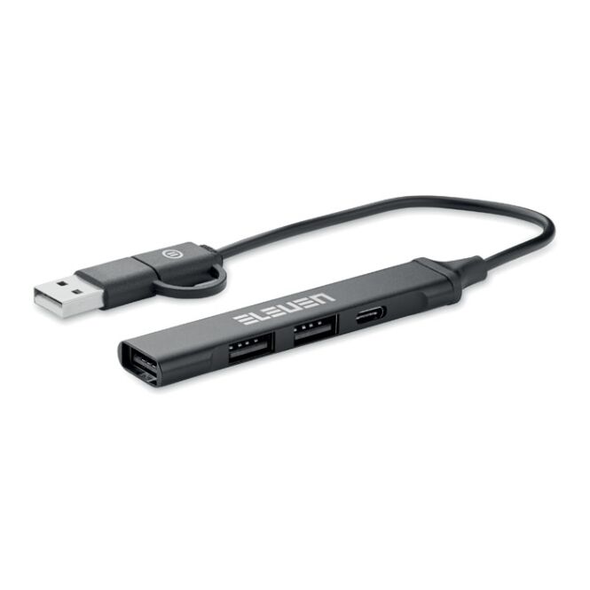 Mitarbeitergeschenk 4 Port USB-Hub recyceltes Aluminium – schwarz – lasergraviert mit 3 USB-A 1 Typ-C für die Büroausstattung