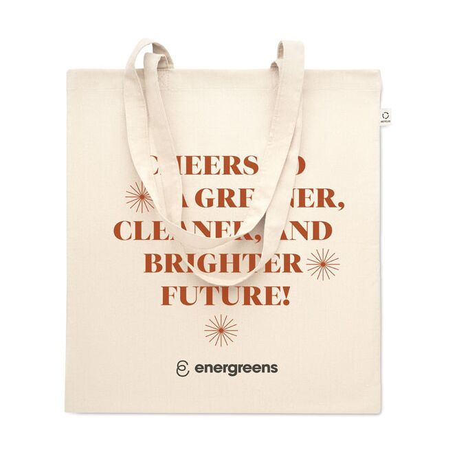 Firmengeschenk Tragetasche 70% recycelte Baumwolle 30% RPET – beige – mit Logodruck 140g/m² nachhaltige Stofftasche für CSR-Promotions