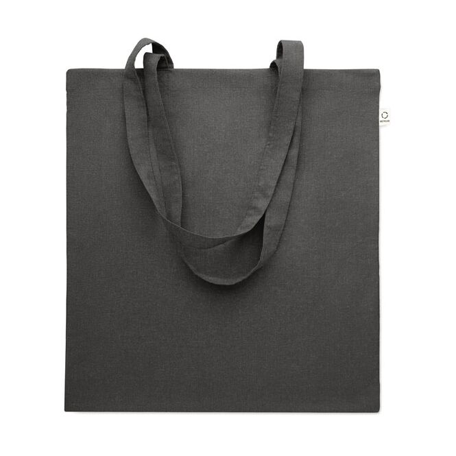 Werbeartikel Tragetasche Baumwollmix – schwarz – mit Logodruck 70% recycelte Baumwolle 30% RPET 140g/m² nachhaltige Stofftasche für CSR