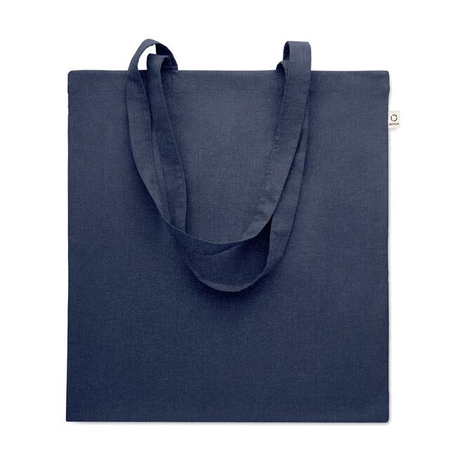 Mitarbeitergeschenk Tragetasche recycelte Baumwolle – blau – mit Logodruck 70% Baumwolle 30% rPET 140g/m² nachhaltige Stofftasche