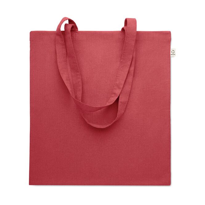Werbeartikel Tasche recycelte Baumwolle – rot – mit Logo bedruckt 140g/m² 70% Baumwolle 30% RPET nachhaltige Stofftasche für CSR