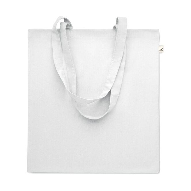 Werbeartikel Einkaufstasche – weiss – mit Logodruck 70% recycelte Baumwolle 30% rpet 140g/m² nachhaltige Tragetasche für CSR-Promotions