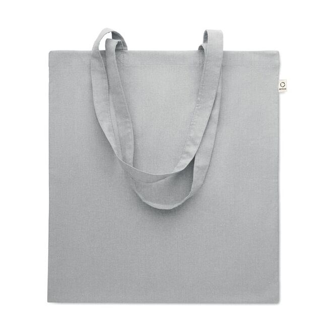 Werbeartikel Einkaufstasche 70% recycelte Baumwolle 30% RPET – grau – mit Logodruck 140g/m2 langlebiges nachhaltiges Accessoire