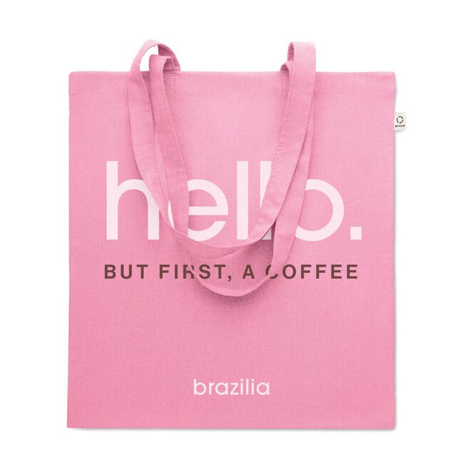 Werbeartikel Tragetasche Baumwoll-Mix – pink – mit Logodruck 70% recycelte Baumwolle 30% RPET 140g/m² nachhaltiger Shopper für CSR